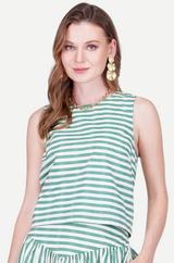 Back Zip Sleeveless Top in Green Stripe