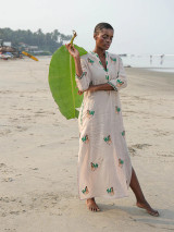 Sapphire Long Kaftan in Beige Monkey Embroidery