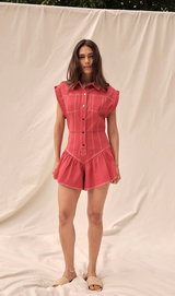 Keira Denim Romper in Red