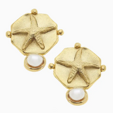 Gold Starfish Intaglio with Pearl Earrings