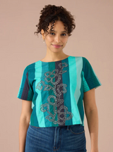 The Lynn Top in Emerald Opulent Embroidered Stripe