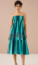 The Frida Skirt Dress in Emerald Opulent Embroidered Stripe