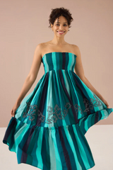 The Frida Skirt Dress in Emerald Opulent Embroidered Stripe