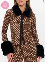 Chateau Cardigan in Carmel Geo Knit with Faux Fur