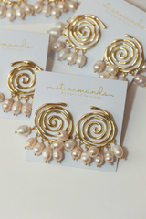 Golden Swirl Genuine Pearl Drop Statement Earrings