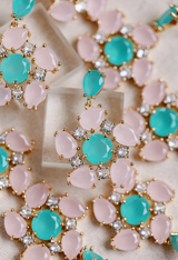 Pink and Turquoise Diamond Pinwheel Statement Earrings