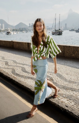 Blue Embroidered Palm Tree Maxi Skirt