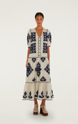 Blue and Off-White Cut Work Maxi Dress