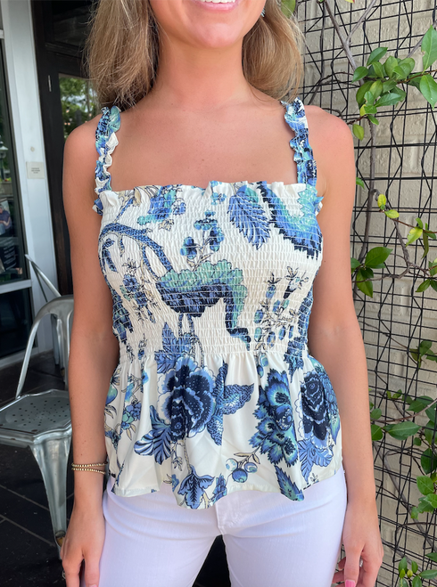 Mimi Blue Floral Print Ruffle Strap Top Mimi Blue Floral Print Ruffle Strap Top