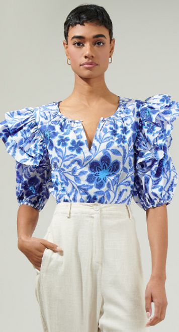 Celeste Floral Poplin Ruffle Top