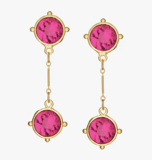 Double Hot Pink Round Crystal Drop Earrings