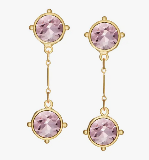 Double Light Pink Round Crystal Drop Earrings