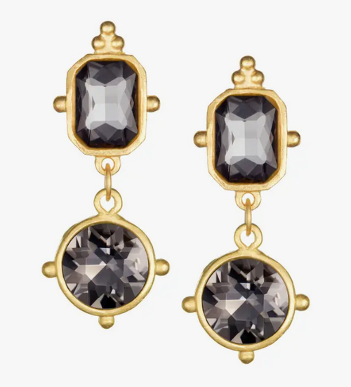 Double Slate Grey Square & Round Crystal Drop Earrings