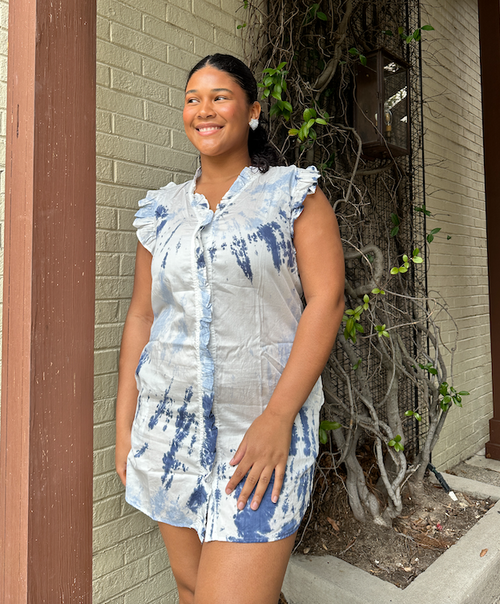 Button Down Ruffle Dress Tie Dye