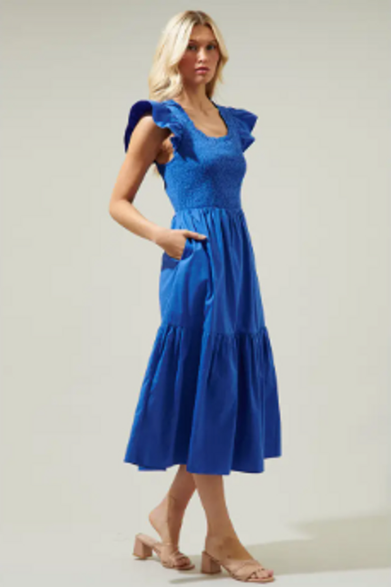 Ingrid Poplin Smocked Tiered Dress in Cobalt