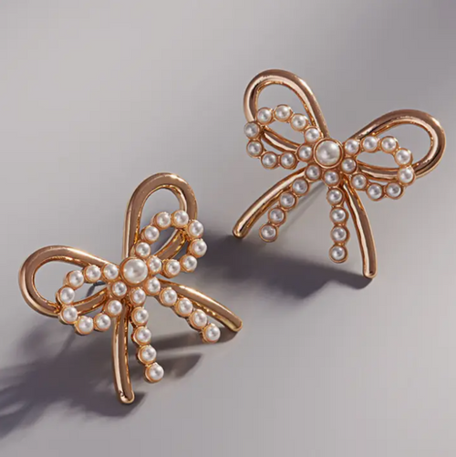 Double Bow Ribbon Pearl Earrings