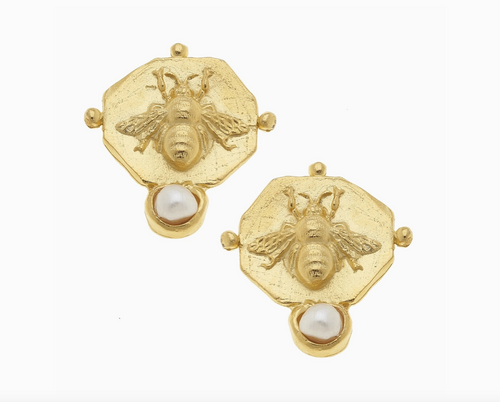 Gold Bee Intaglio Earrings with Handset Genuine Freshwater Pearls