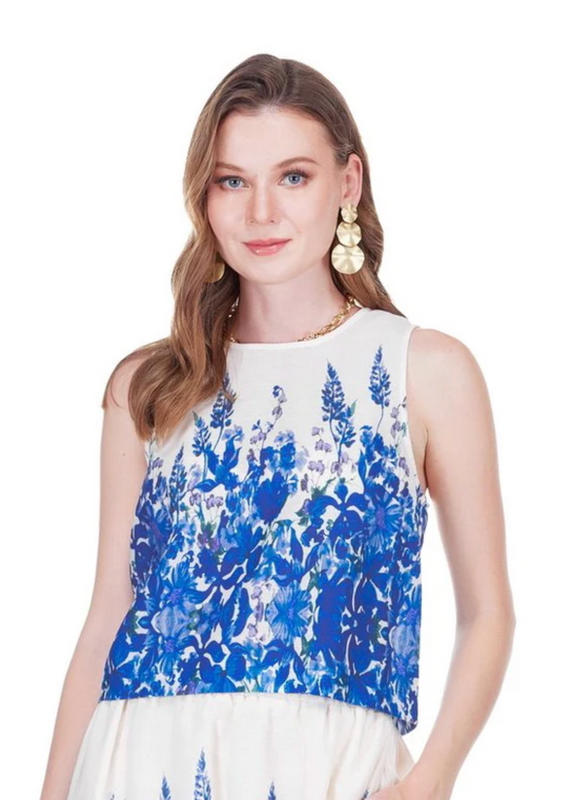 Back Zip Sleeveless Top in Indigo Meadow