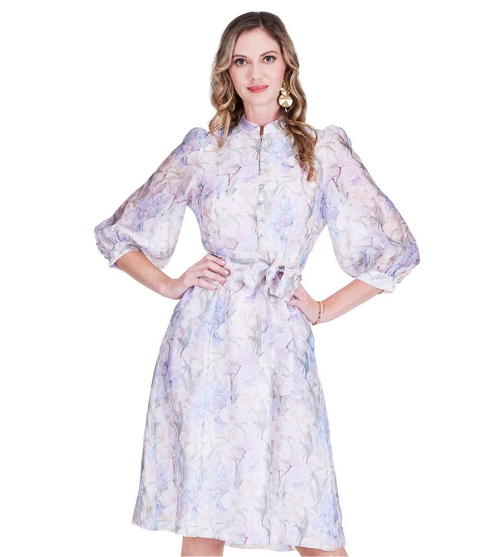 Stand Collar A-Line Midi Dress 50" in Whispering Lilies