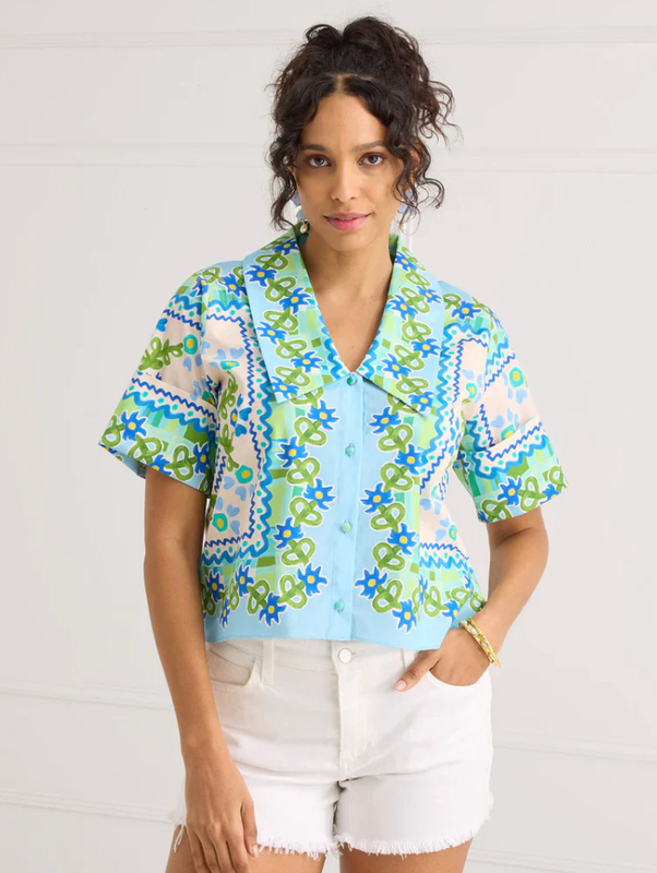 Jules Top in Blue Floral Folk