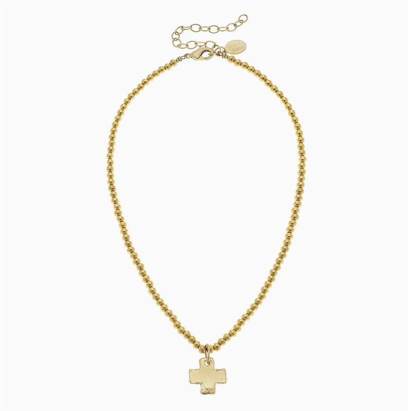 Gold Cross on Gold Beaded Necklace