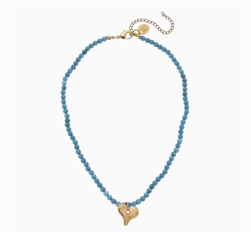 Gold Heart on Beaded Necklace Turquoise