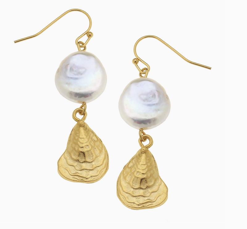 Gold Oyster Shell with Genuine Freshwater Pearl Earrings
