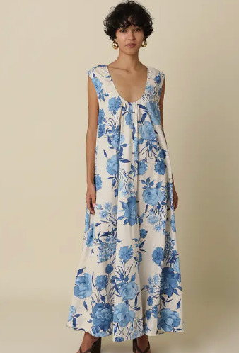Blue Garden Maxi Dress in Cream and Blue