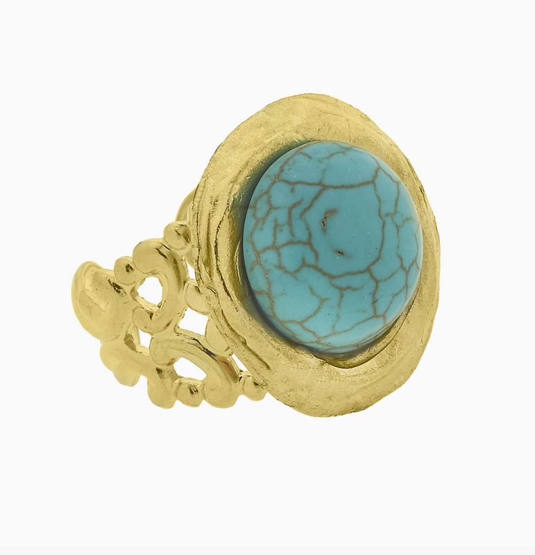 Handcast Gold Adjustable Ring with Genuine Turquoise Cab