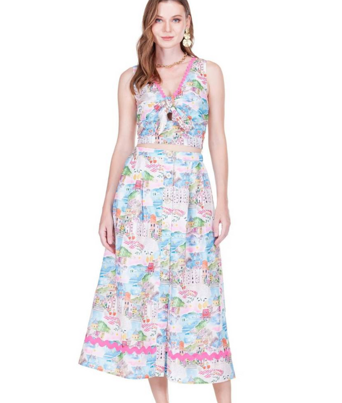 Button Front Rac Ric Skirt in Coastal Dream