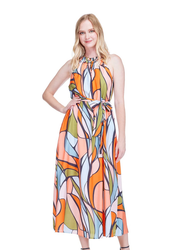 Stitched Neck Halter Midi in Retro Stained Glass