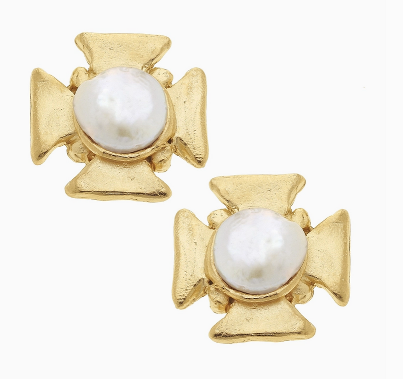 Gold Cross with Genuine Freshwater Pearl Pierced Earrings
