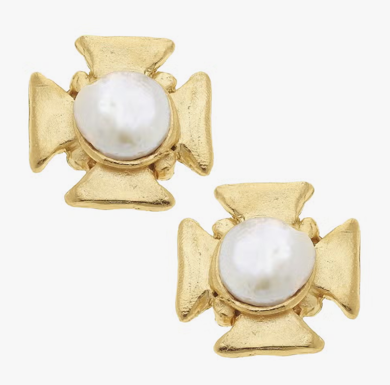 Gold Cross with Genuine Freshwater Pearl Pierced Earrings