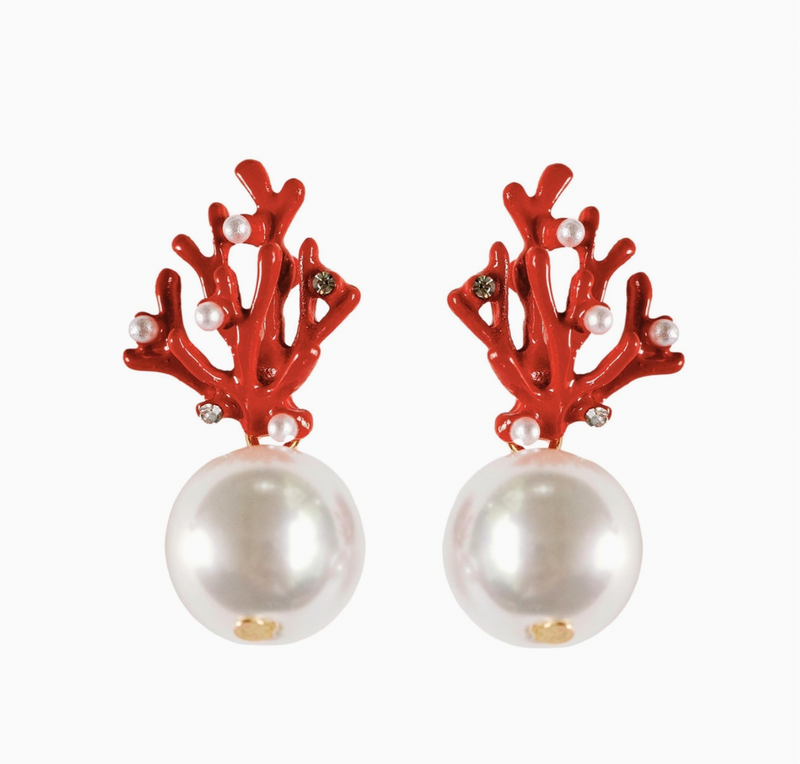 Pearl and Red Coral Mini Earrings