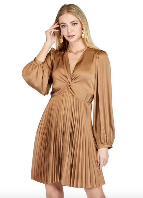 Front Twist Pleated Dress in Bronze