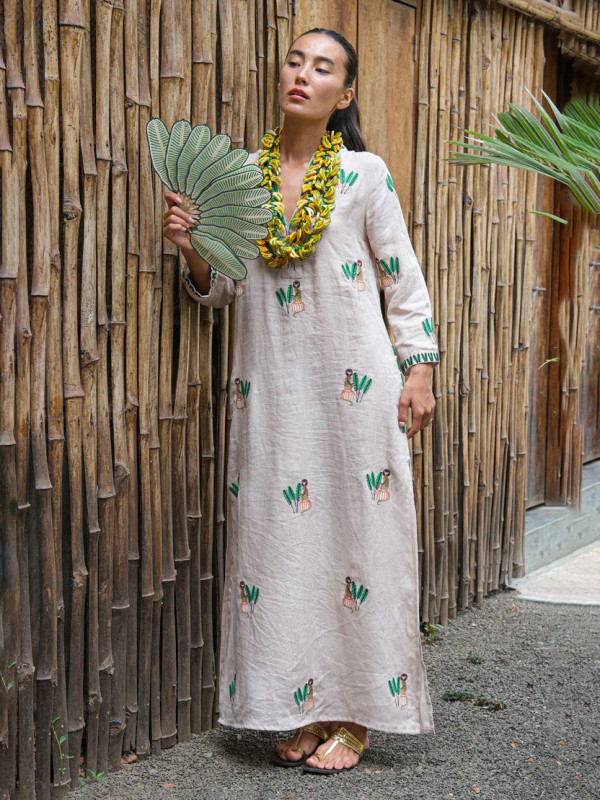 Sapphire Long Kaftan in Beige Monkey Embroidery