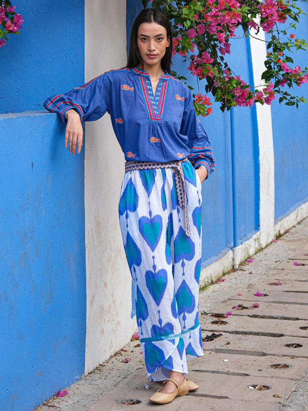 Magnolia Blouse in Blue Fish Embroidery