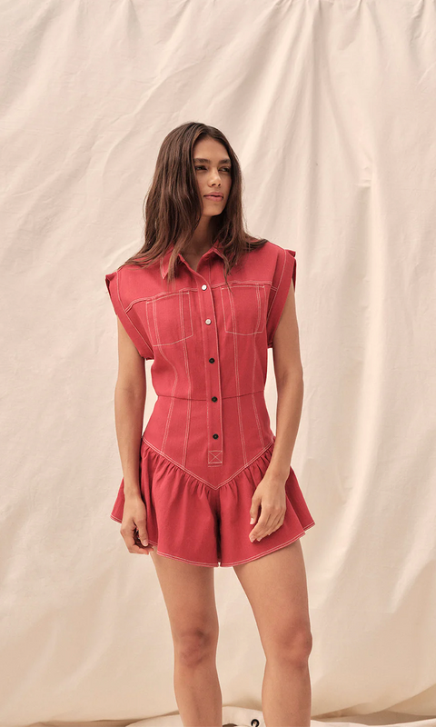 Keira Denim Romper in Red