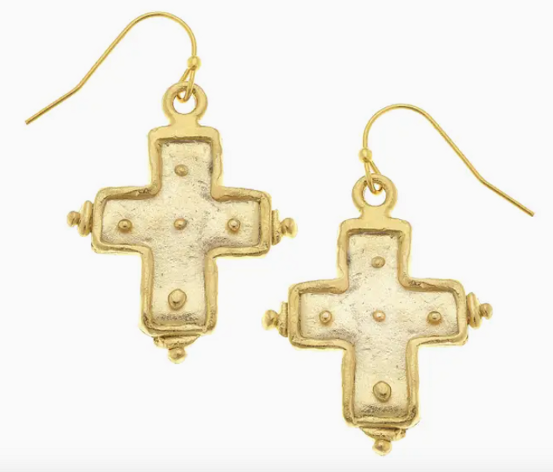 Short Studded Gold Flat Cross Earrings
