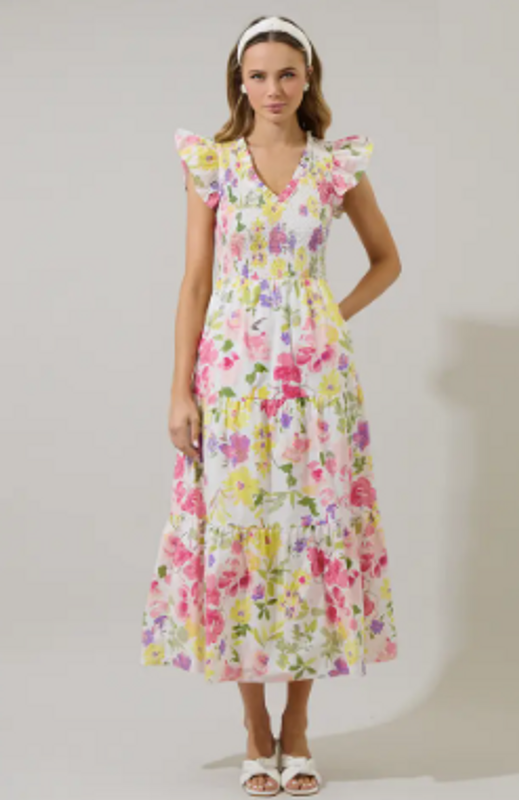 Leonie Floral Sunfire Tiered Midi Dress