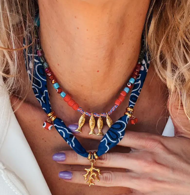 Bohemian Bandana with Coral Charm Necklace