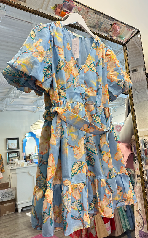 Gathered Hem Dress in Golden Lillies