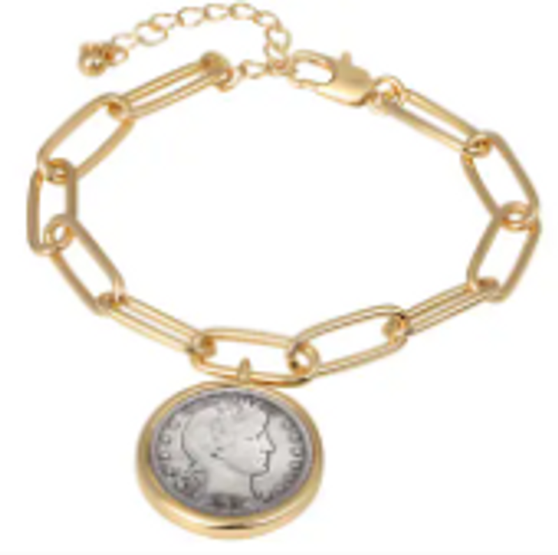 Barber Dime Coin Goldtone Elongated Link Bracelet
