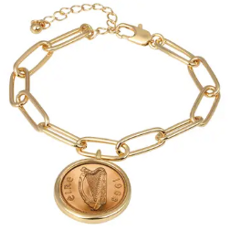 Irish Penny Coin Goldtone Elongated Link Bracelet