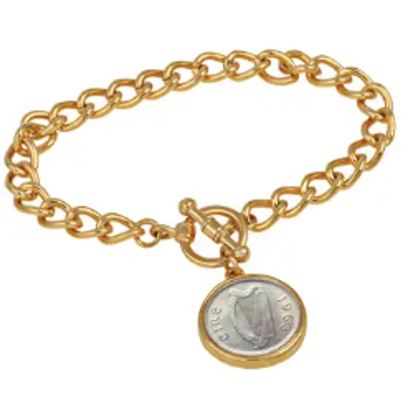 Irish Threepence Coin Goldtone Toggle Bracelet