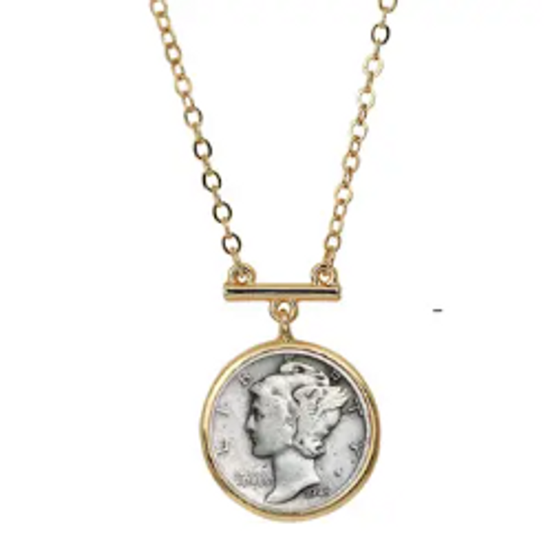 Mercury Dime Coin Goldtone Bar Necklace