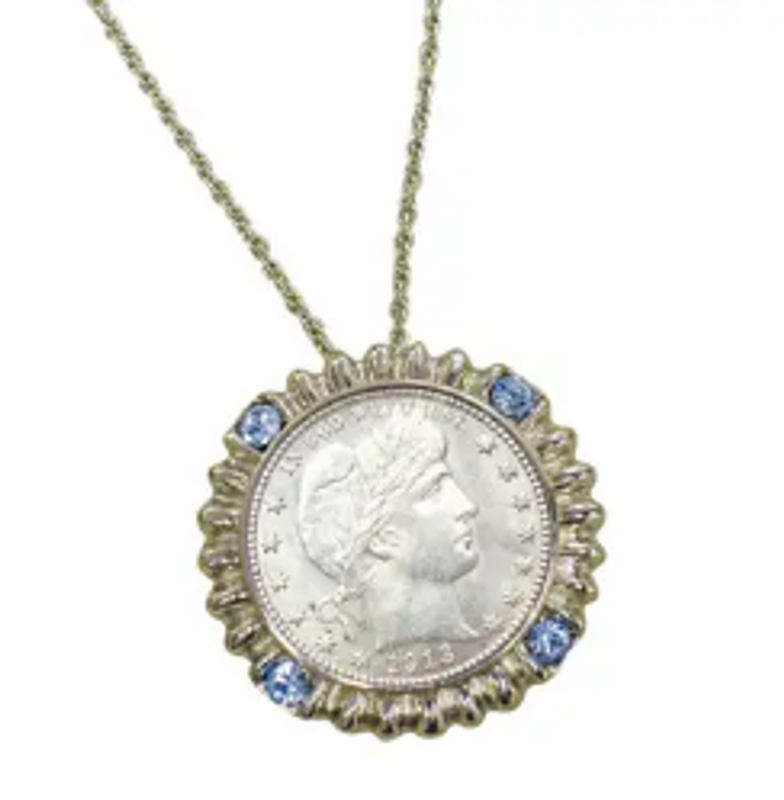 Silver Barber Quarter Silvertone Blue Crystal Coin Pendant