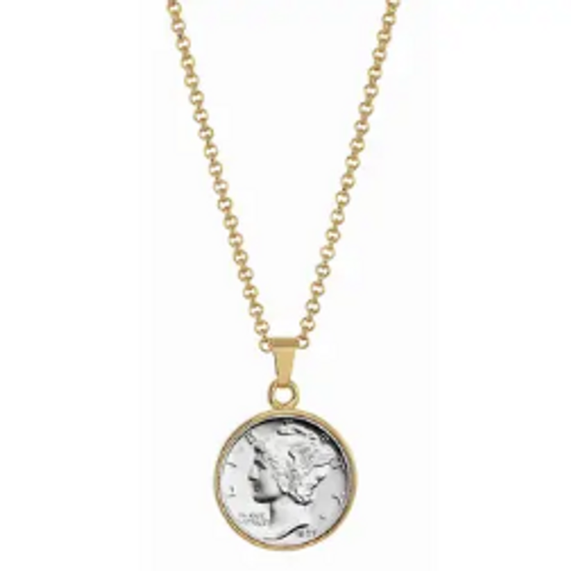 Silver Mercury Dime Goldtone Coin Pendant with 18" Chain
