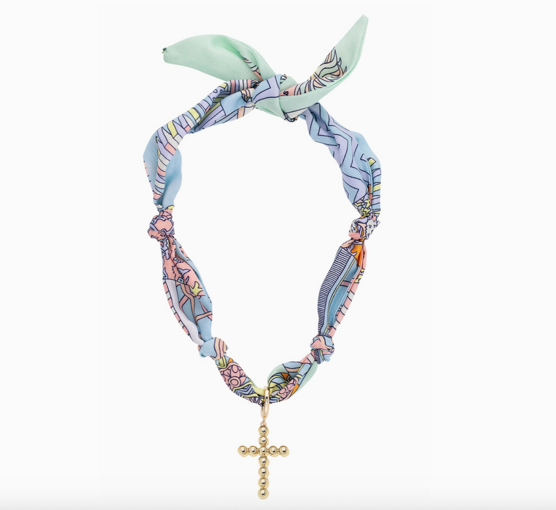 Louisa Beaded Cross Scarf Necklace in Pastel Multi