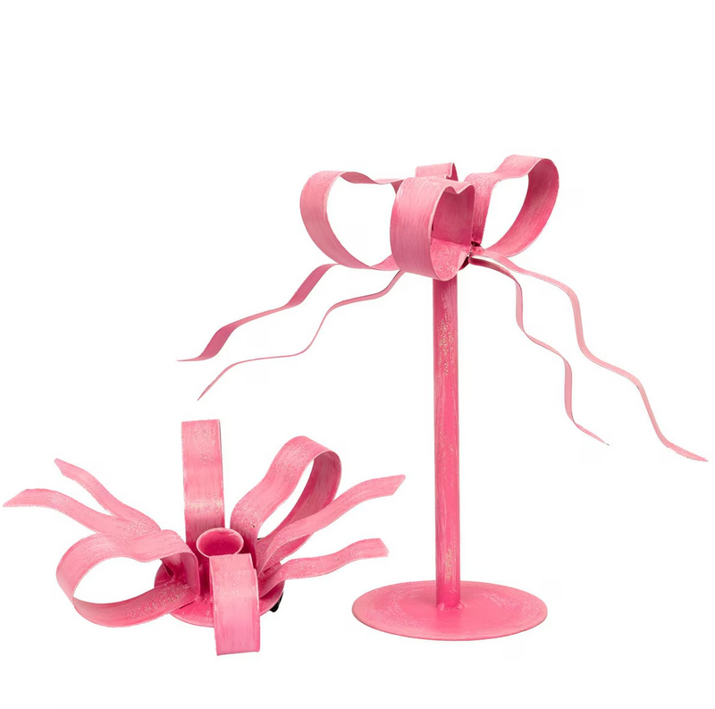 Pink Fanciful Ribbon Taper Candle Holder Set